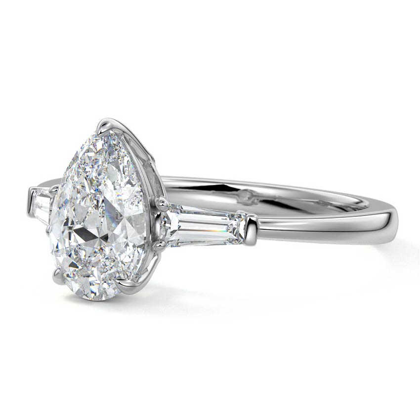 Silver Three-Stone Pear Diamond Ring with Tapered Baguette Side Stones