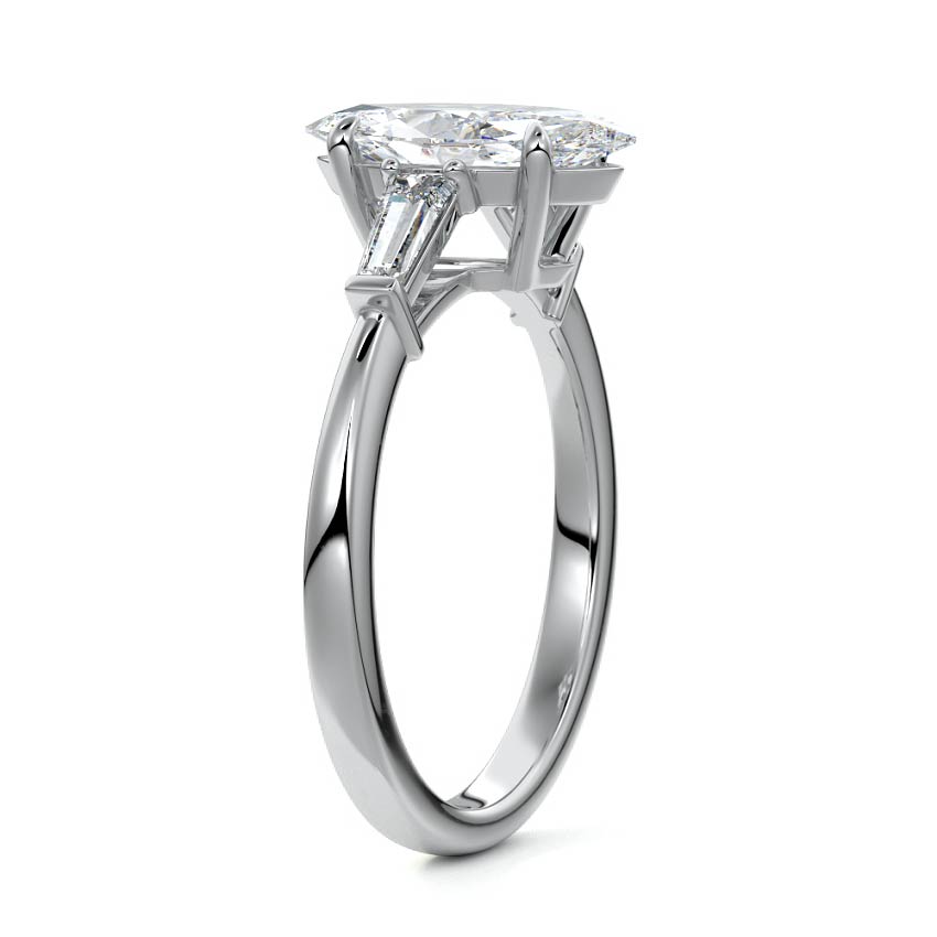 Silver Three-Stone Marquise Diamond Ring with Tapered Baguette Side Stones