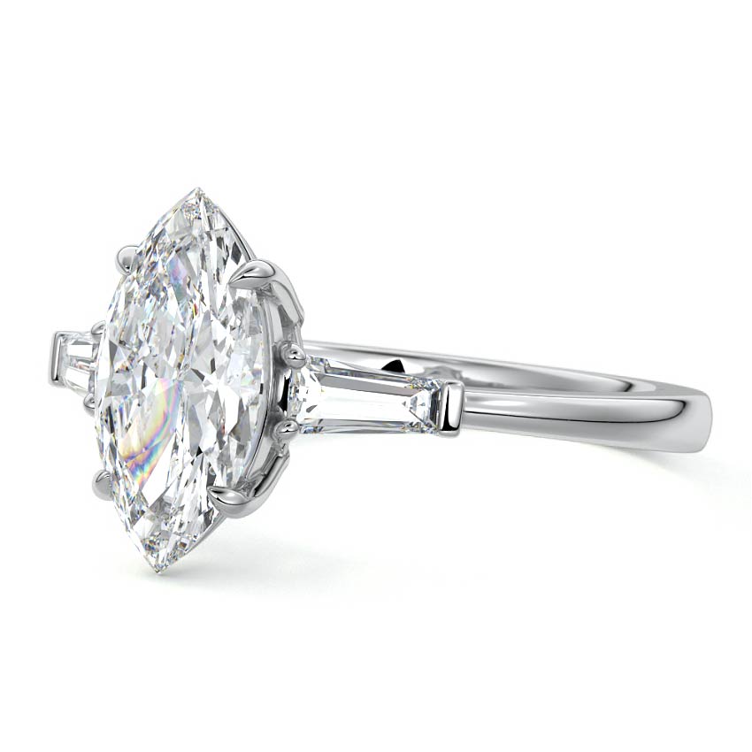 Silver Three-Stone Marquise Diamond Ring with Tapered Baguette Side Stones