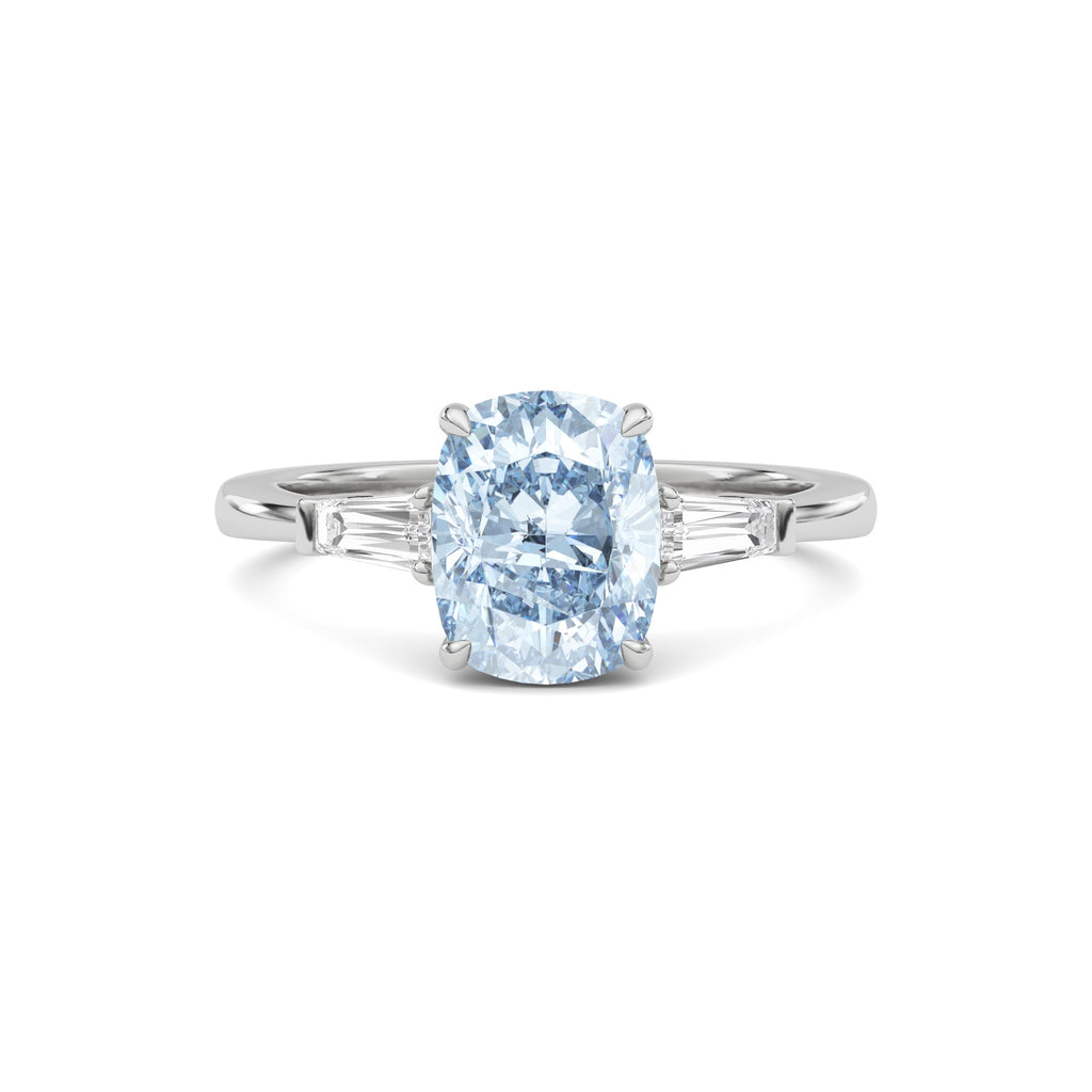 Silver Three-Stone Fancy Blue Cushion Cut Diamond Ring with Tapered Baguette Side Stones