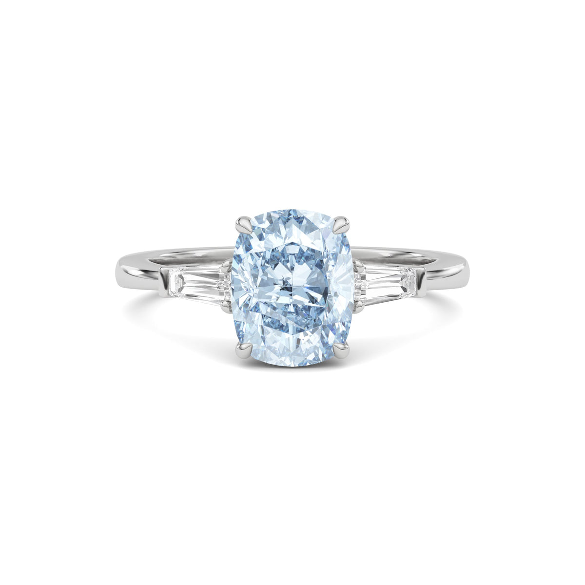 Silver Three-Stone Fancy Blue Cushion Cut Diamond Ring with Tapered Baguette Side Stones