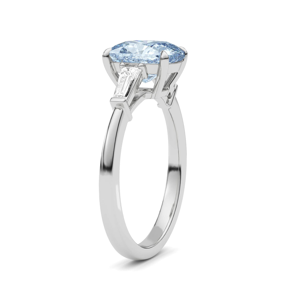 Silver Three-Stone Fancy Blue Cushion Cut Diamond Ring with Tapered Baguette Side Stones