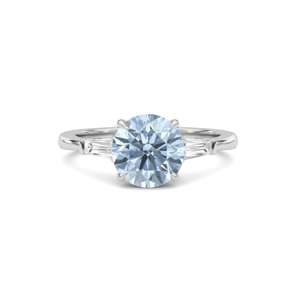 Platinum Three-Stone Fancy Blue Round Cut Diamond Ring with Tapered Baguette Side Stones