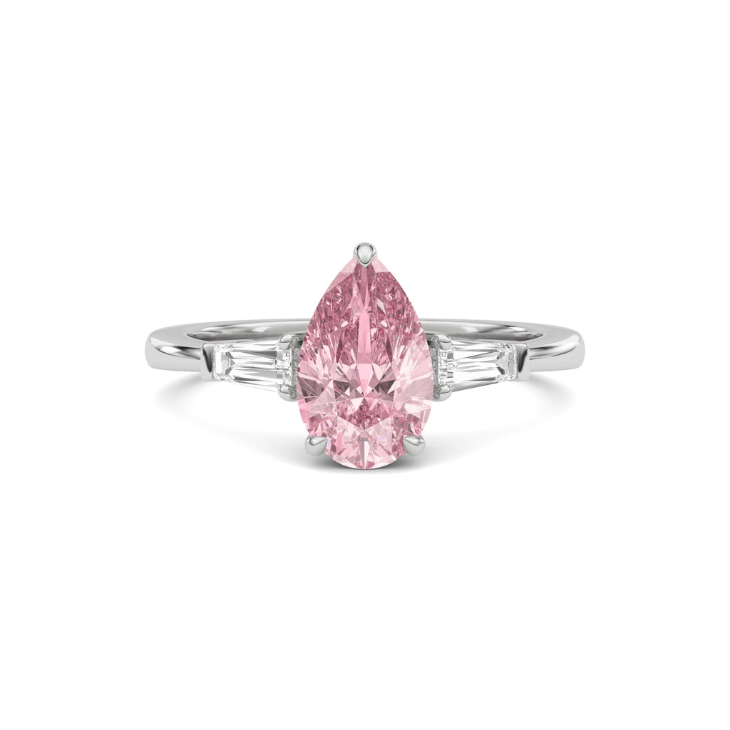 Platinum Three-Stone Fancy Pink Pear Cut Diamond Ring with Tapered Baguette Side Stones