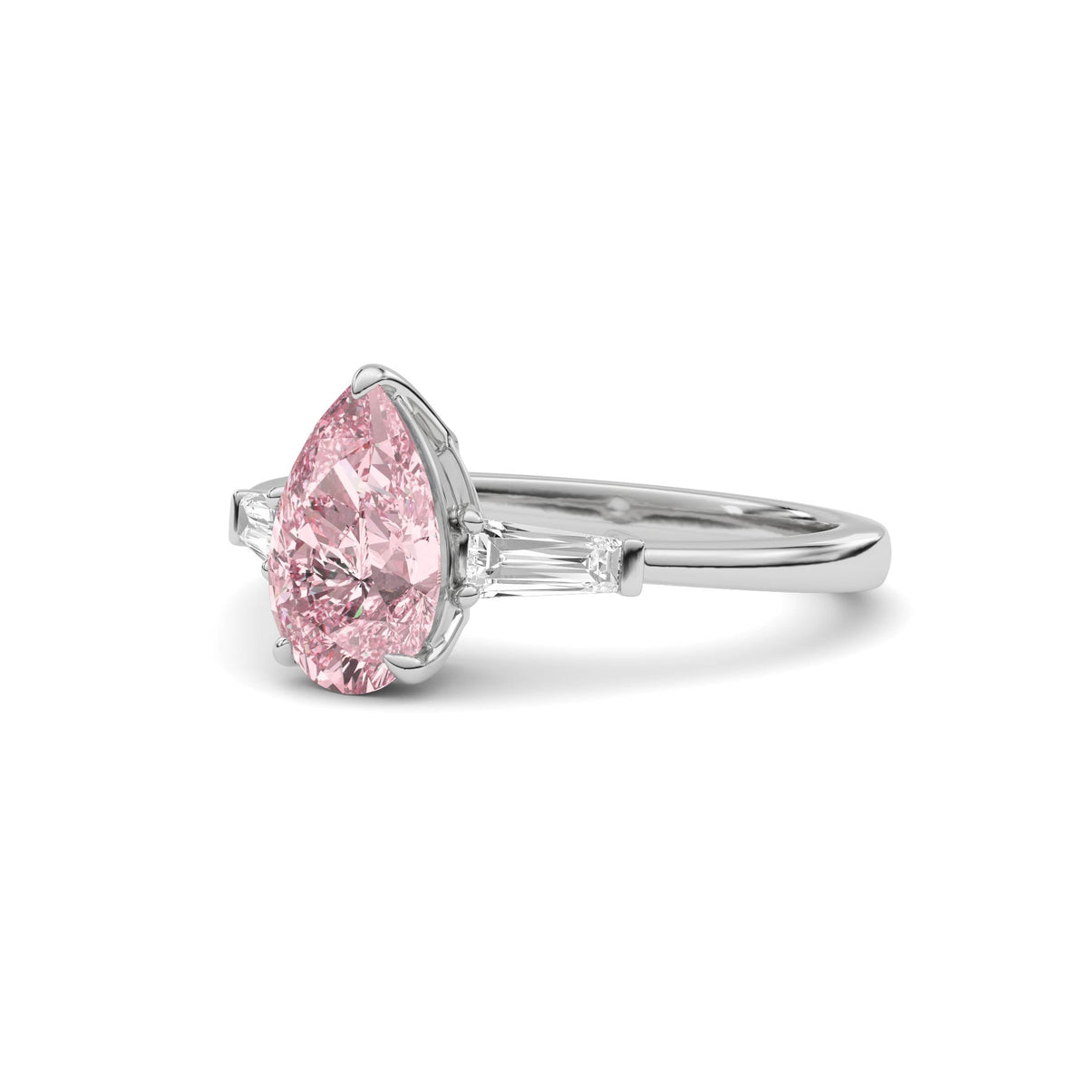 Platinum Three-Stone Fancy Pink Pear Cut Diamond Ring with Tapered Baguette Side Stones