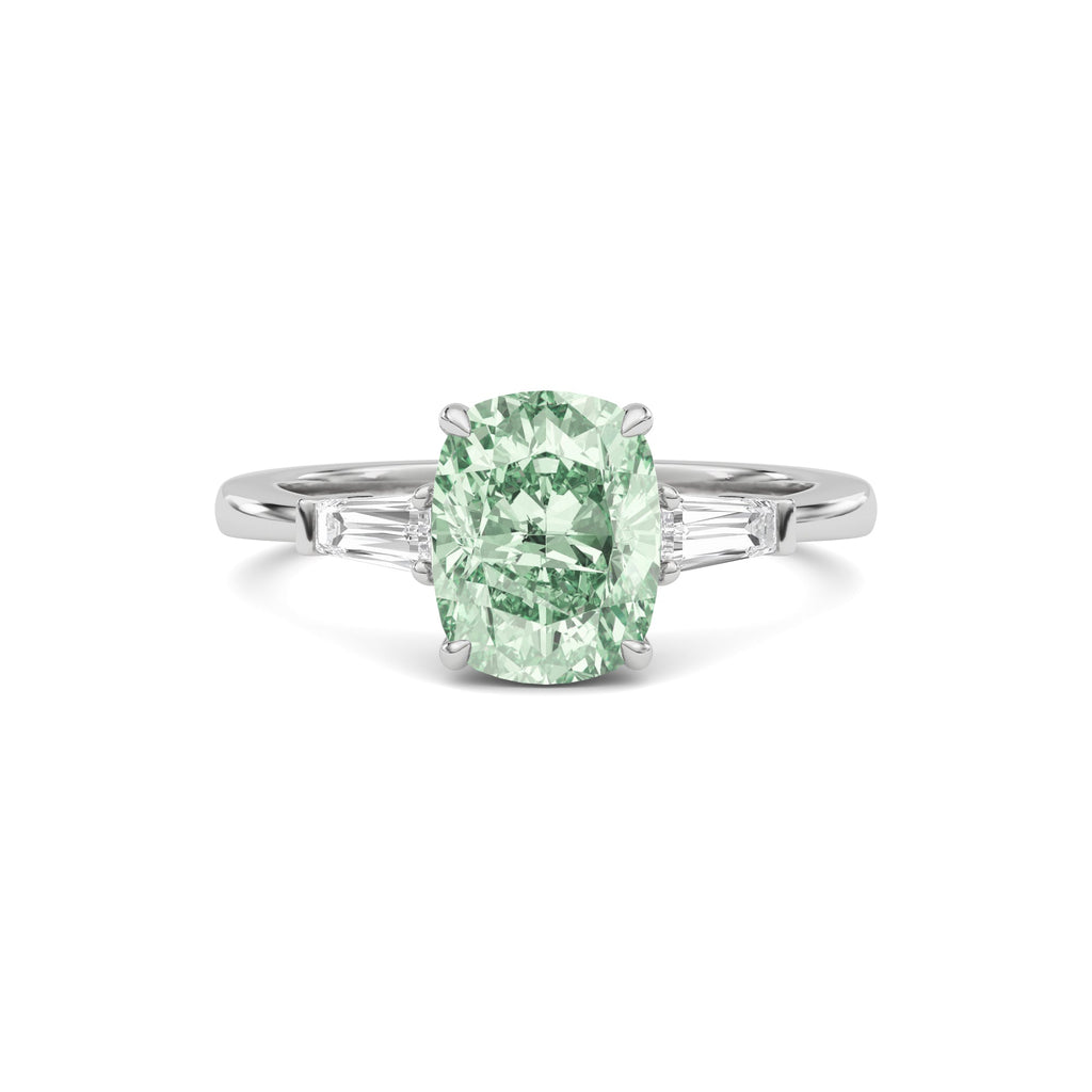 Platinum Three-Stone Fancy Green Cushion Cut Diamond Ring with Tapered Baguette Side Stones
