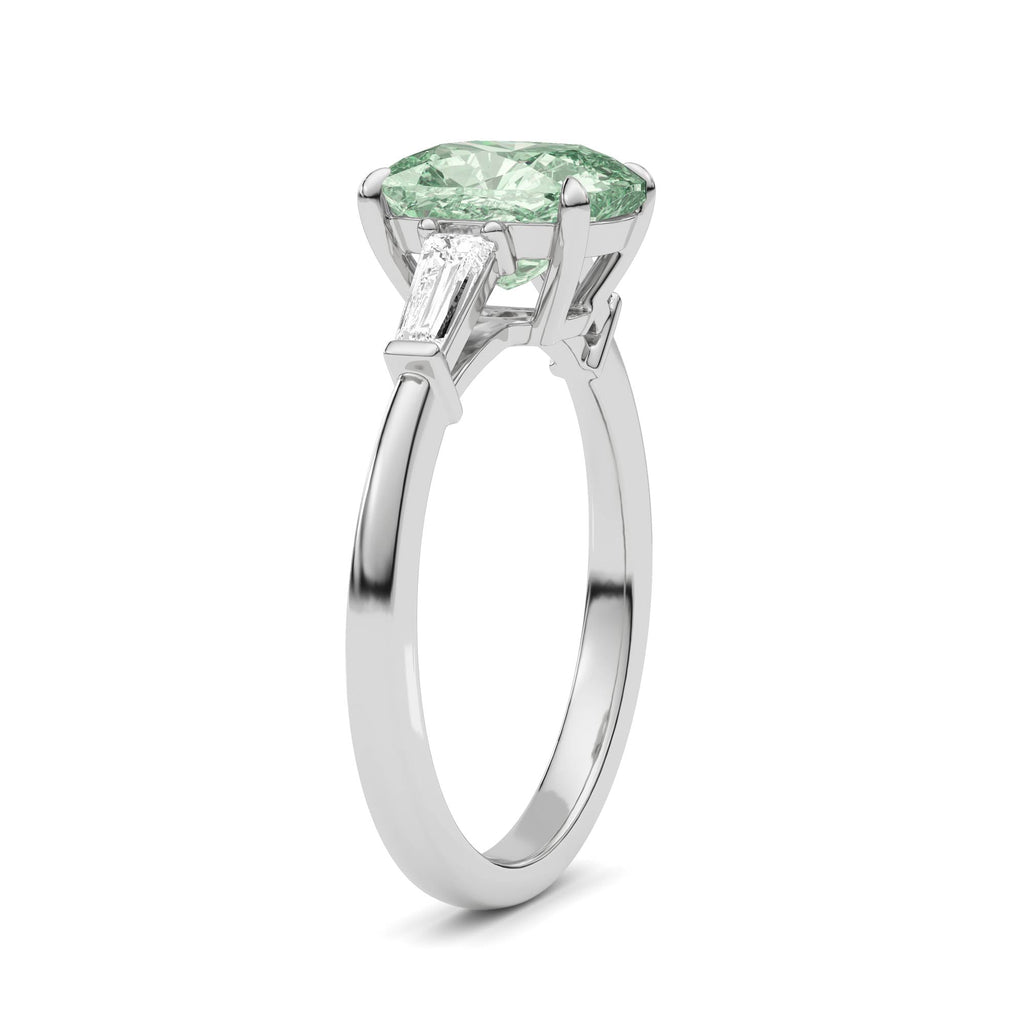 Platinum Three-Stone Fancy Green Cushion Cut Diamond Ring with Tapered Baguette Side Stones