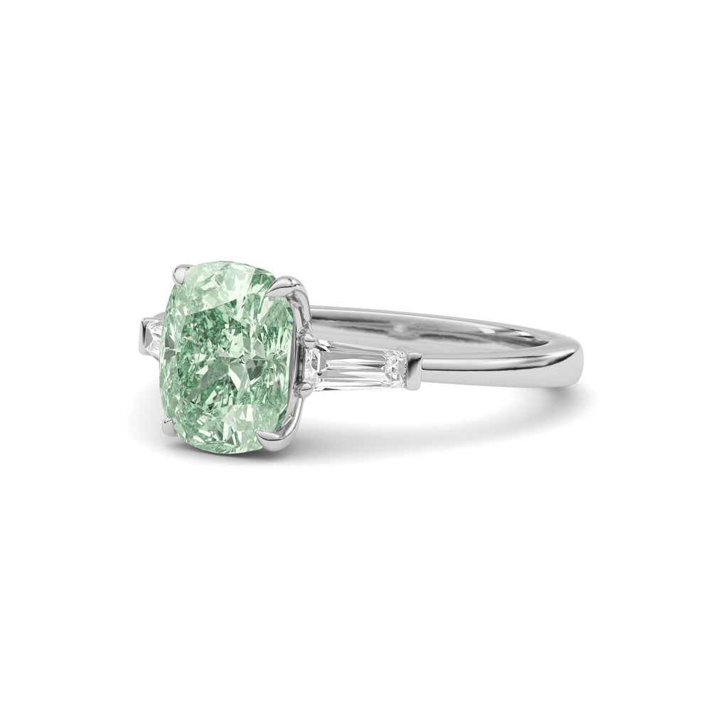 Platinum Three-Stone Fancy Green Cushion Cut Diamond Ring with Tapered Baguette Side Stones