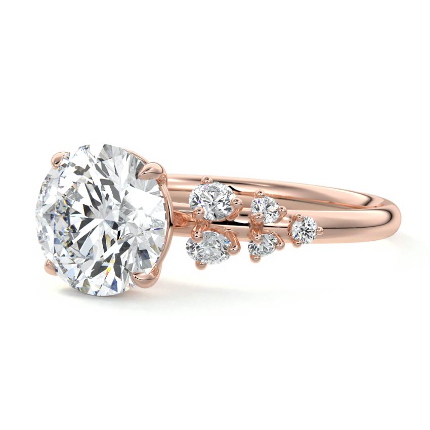 Rose gold Round Diamond Side Stone Engagement Ring with Round Floral Cluster Accents