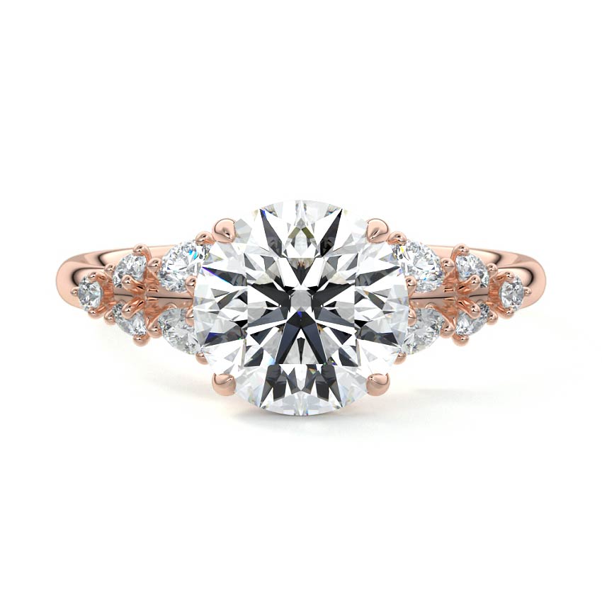 Rose gold Round Diamond Side Stone Engagement Ring with Round Floral Cluster Accents