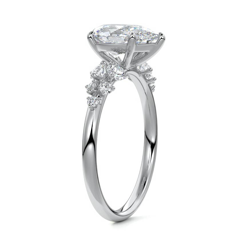White gold Pear Diamond Side Stone Engagement Ring with Round Floral Cluster Accents