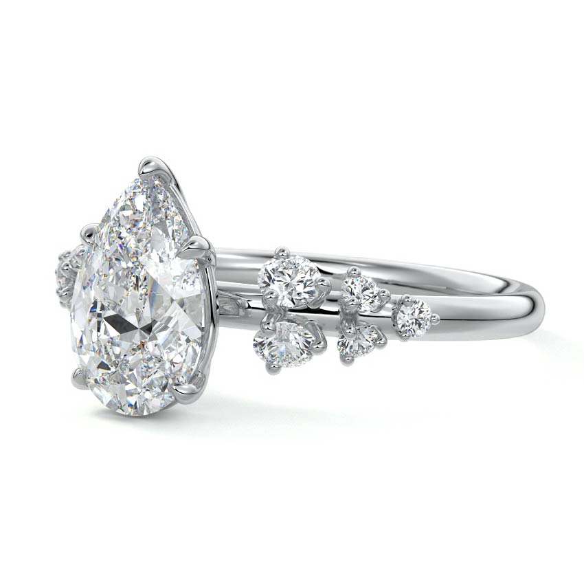 White gold Pear Diamond Side Stone Engagement Ring with Round Floral Cluster Accents