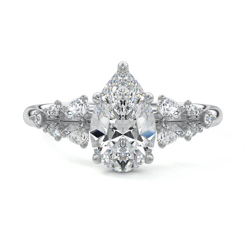 White gold Pear Diamond Side Stone Engagement Ring with Round Floral Cluster Accents