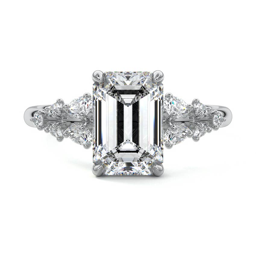 White gold Emerald Diamond Side Stone Engagement Ring with Round Floral Cluster Accents