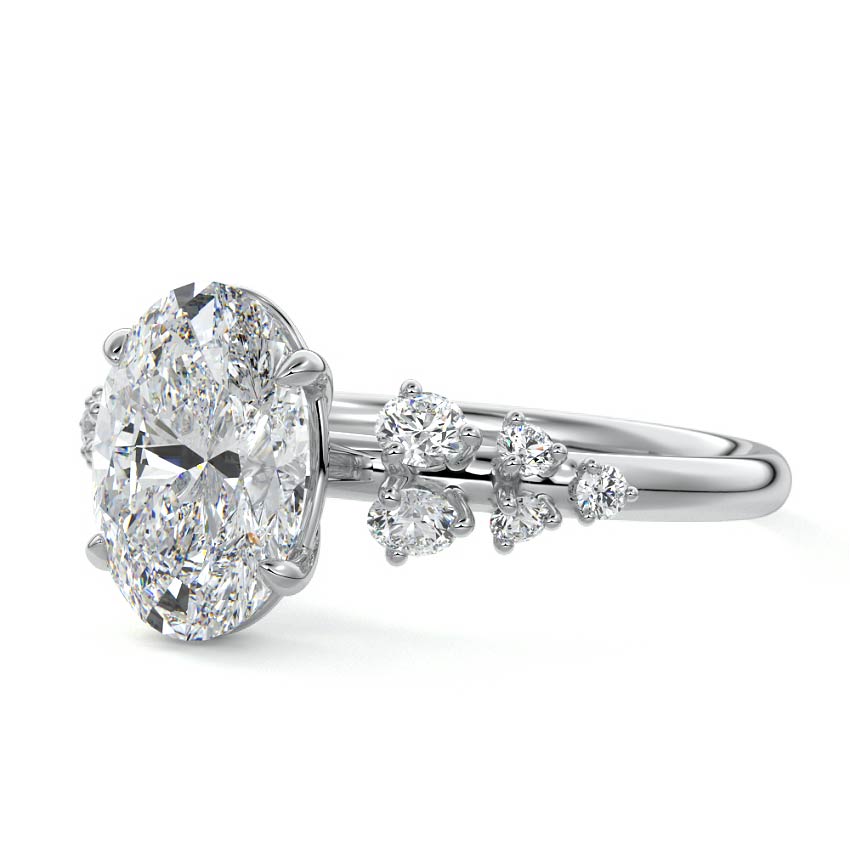 Platinum Oval Diamond Side Stone Engagement Ring with Round Floral Cluster Accents