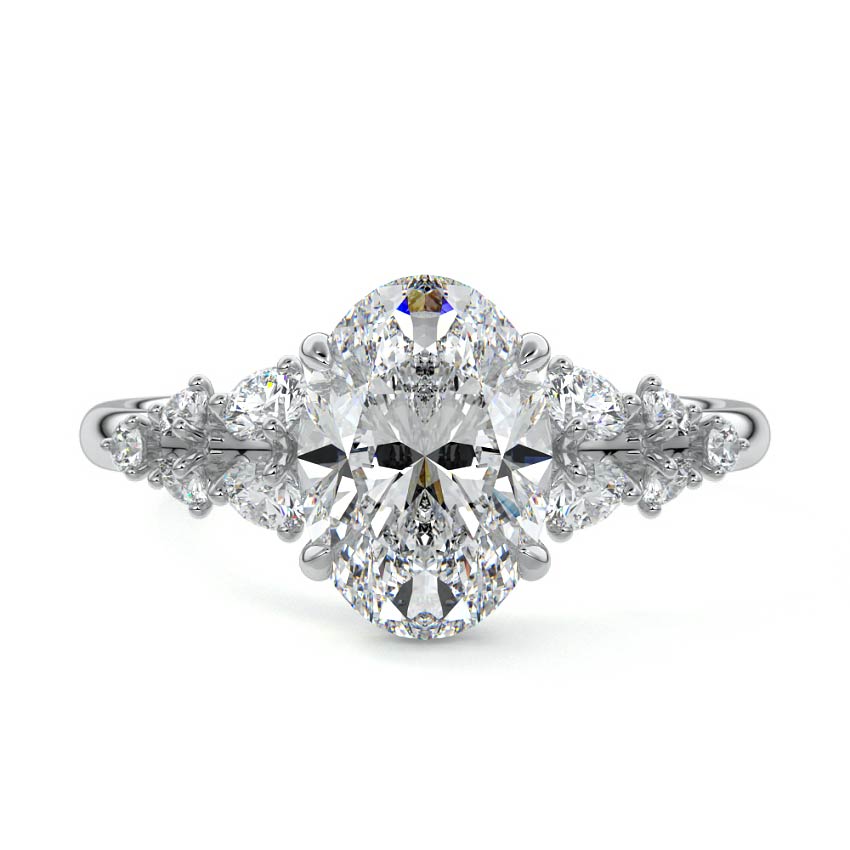Platinum Oval Diamond Side Stone Engagement Ring with Round Floral Cluster Accents