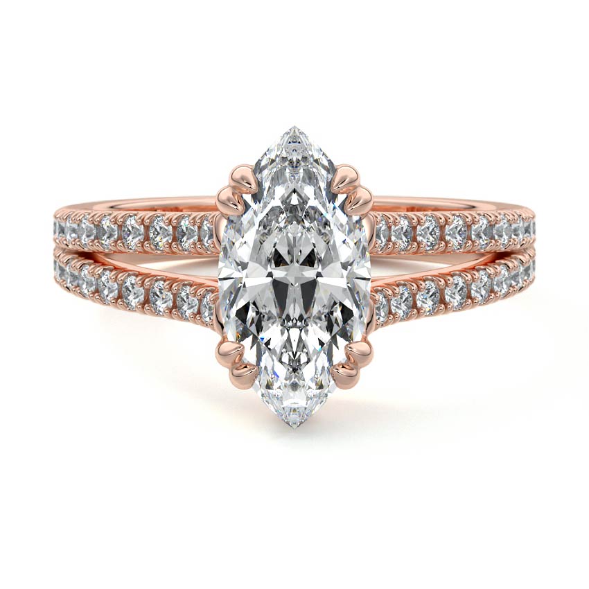 Rose gold Marquise Diamond Engagement Ring with Split Shank Cathedral Pave Band