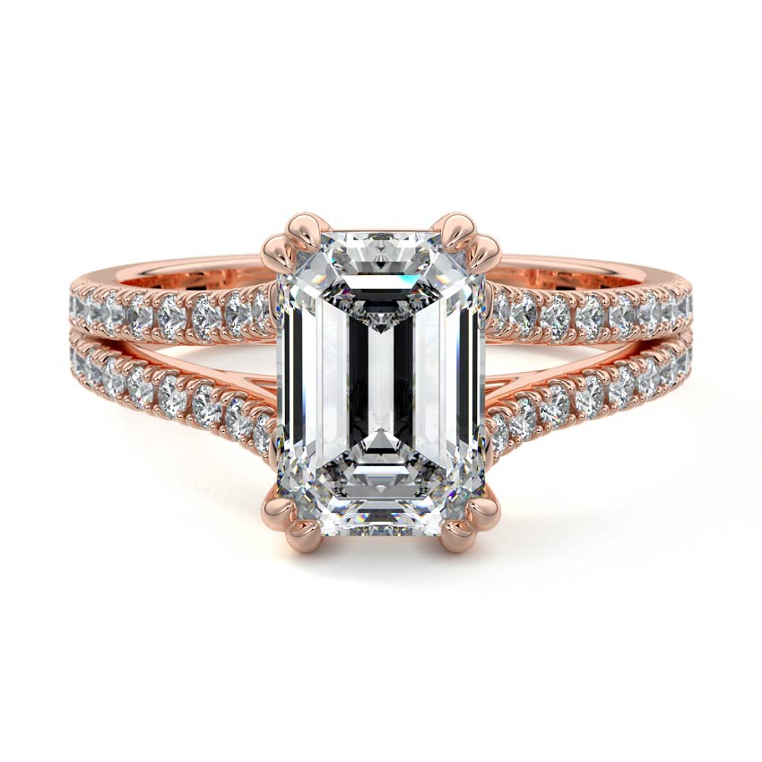 Rose gold Emerald Diamond Engagement Ring with Split Shank Cathedral Pave Band