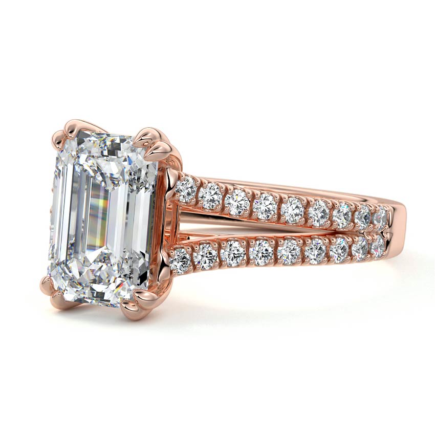 Rose gold Emerald Diamond Engagement Ring with Split Shank Cathedral Pave Band