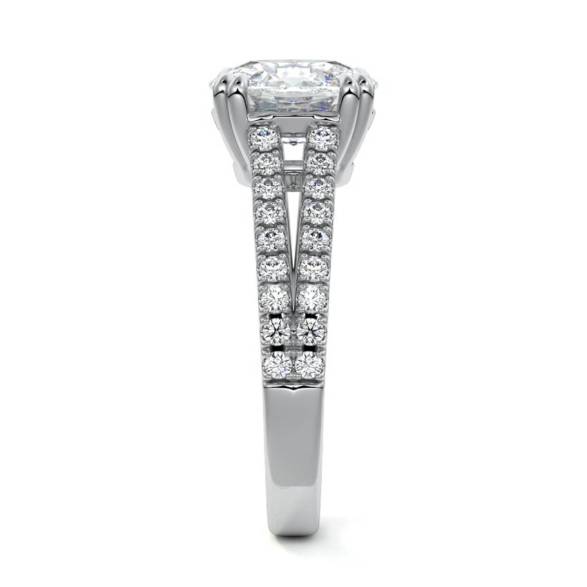 White gold Cushion Diamond Engagement Ring with Split Shank Cathedral Pave Band
