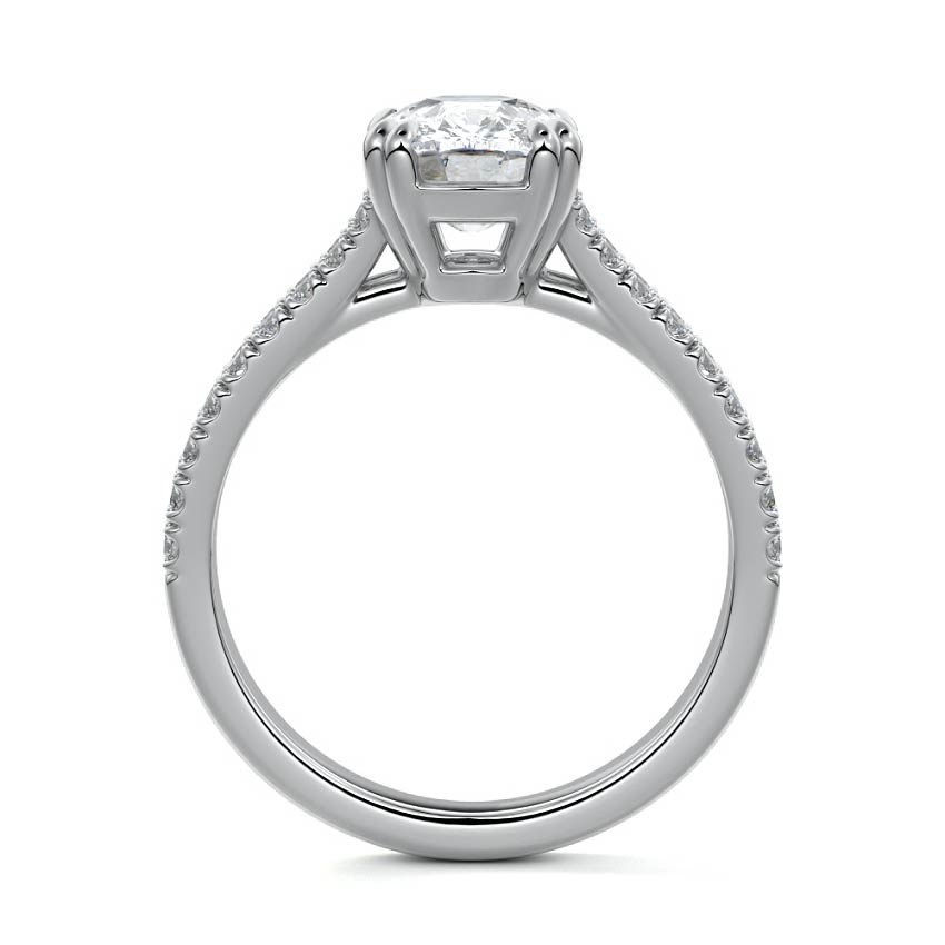White gold Cushion Diamond Engagement Ring with Split Shank Cathedral Pave Band