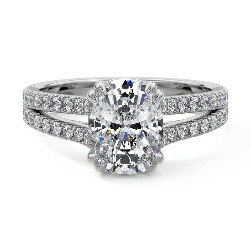 White gold Cushion Diamond Engagement Ring with Split Shank Cathedral Pave Band
