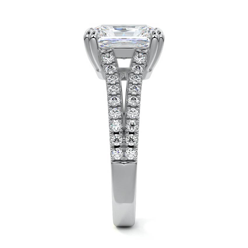 Silver Radiant Diamond Engagement Ring with Split Shank Cathedral Pave Band