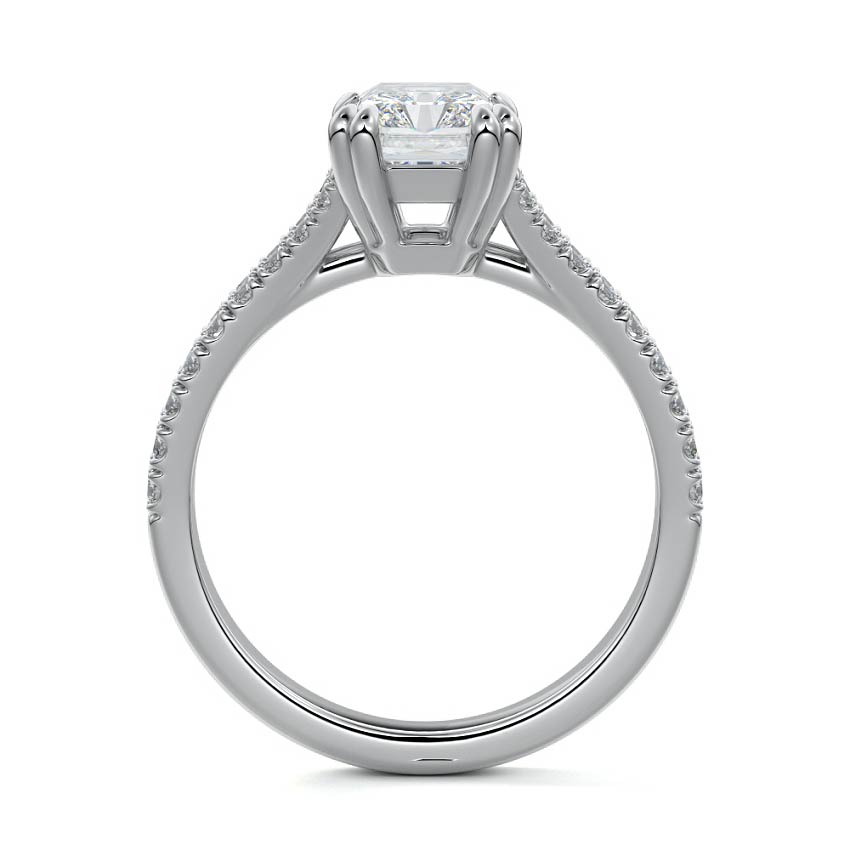 Silver Radiant Diamond Engagement Ring with Split Shank Cathedral Pave Band