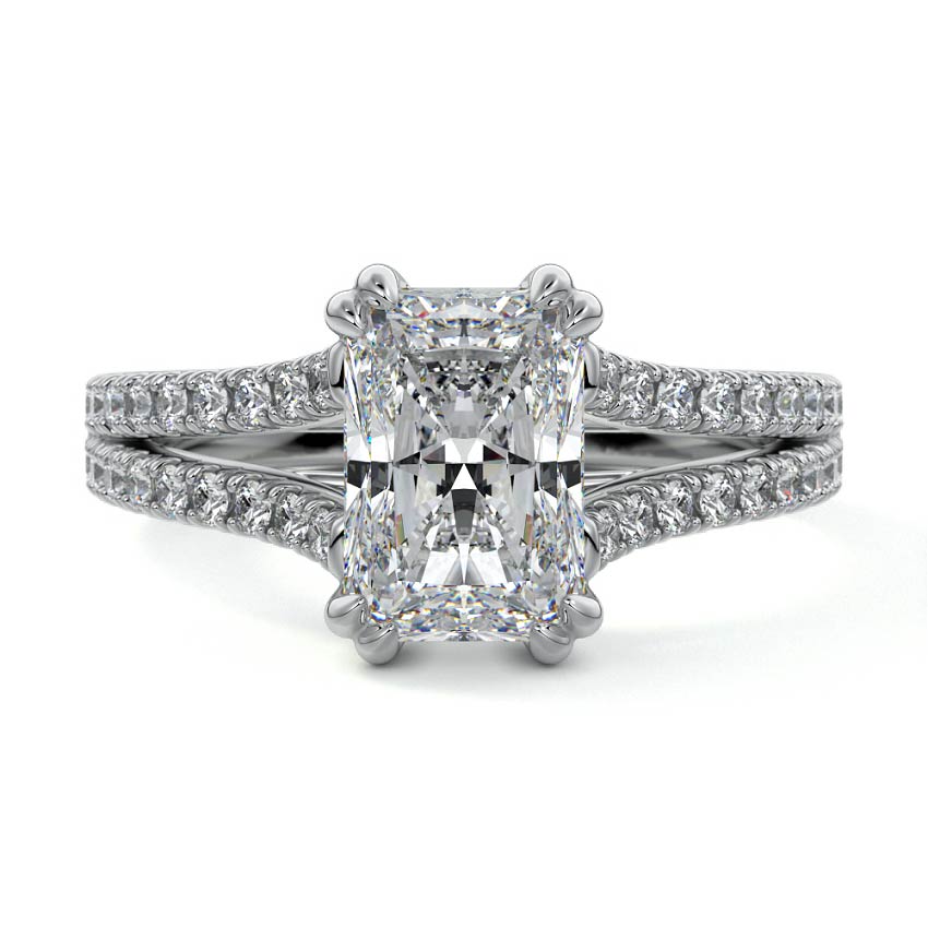 Silver Radiant Diamond Engagement Ring with Split Shank Cathedral Pave Band