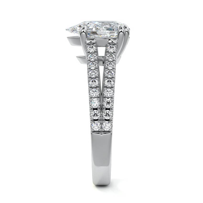 Silver Pear Diamond Engagement Ring with Split Shank Cathedral Pave Band