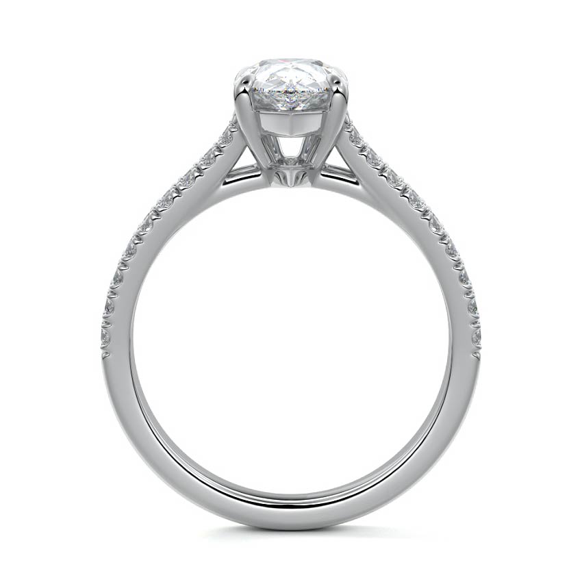 Silver Pear Diamond Engagement Ring with Split Shank Cathedral Pave Band
