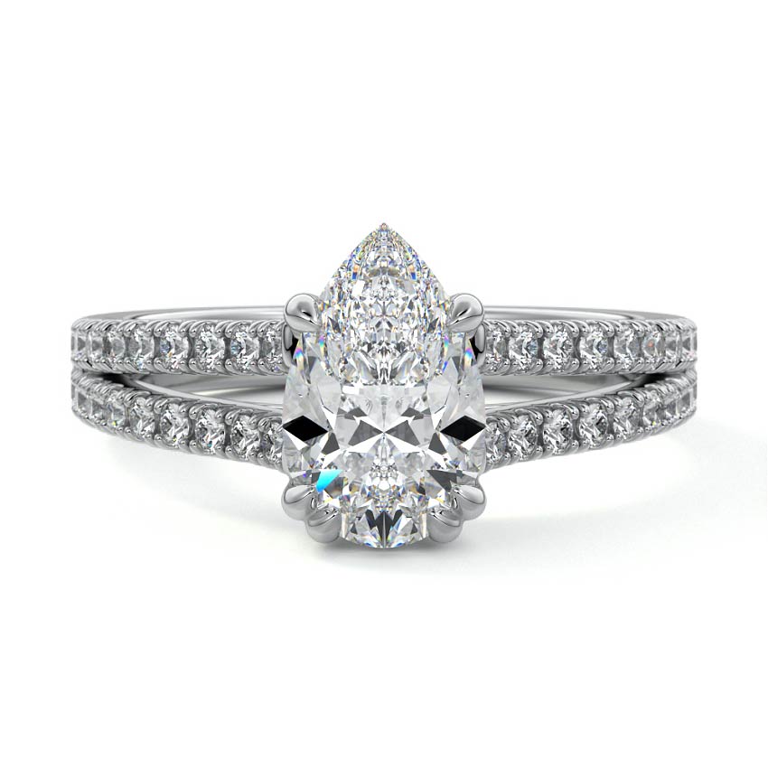 Silver Pear Diamond Engagement Ring with Split Shank Cathedral Pave Band