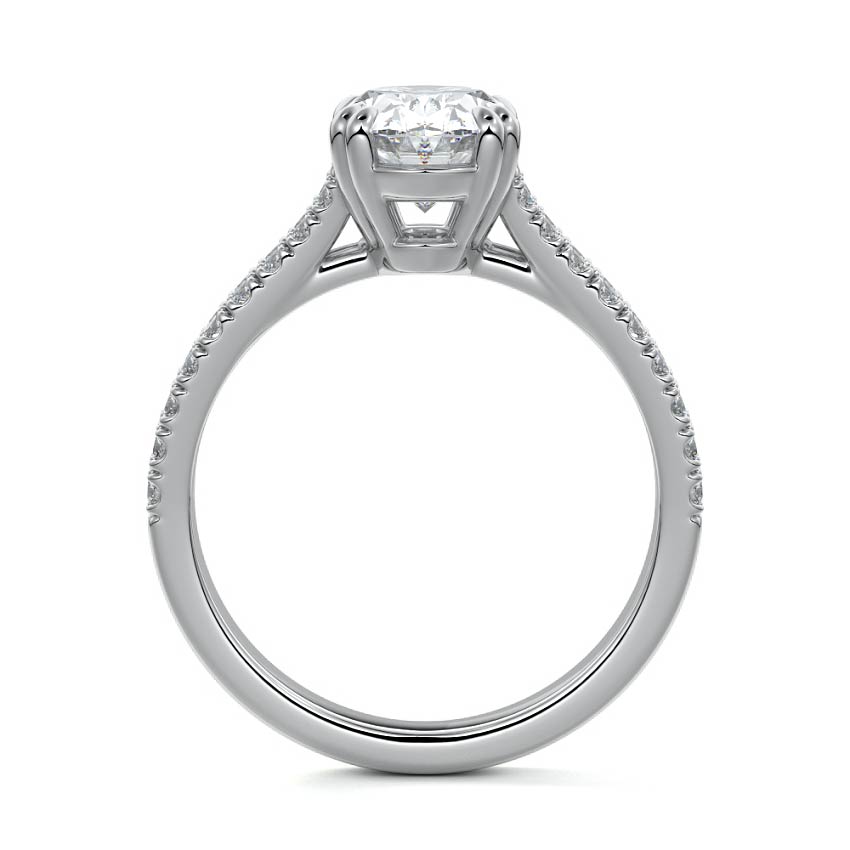 Platinum Oval Diamond Engagement Ring with Split Shank Cathedral Pave Band