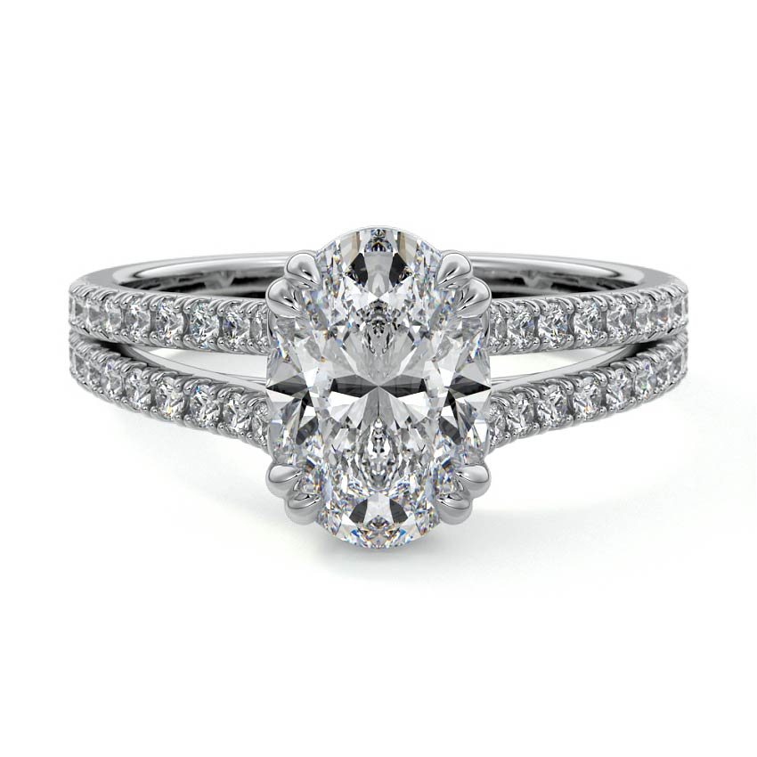 Platinum Oval Diamond Engagement Ring with Split Shank Cathedral Pave Band
