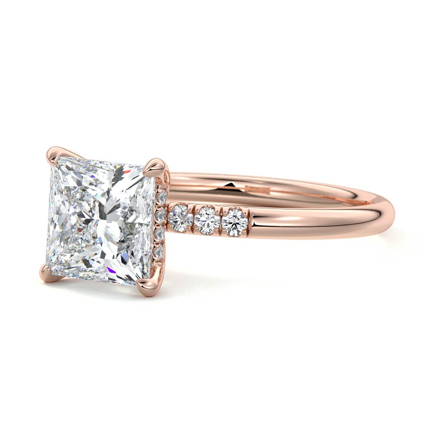 Rose gold Princess Diamond Hidden Halo Solitaire with Round Side Accents