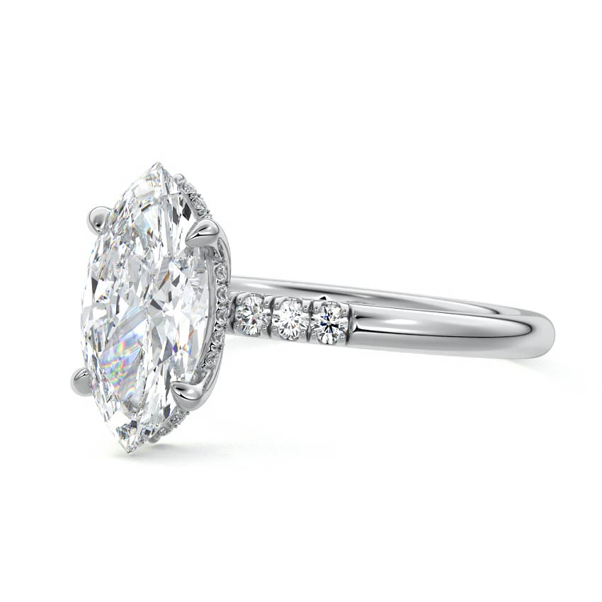 Silver Marquise Diamond Hidden Halo Solitaire with Round Side Accents