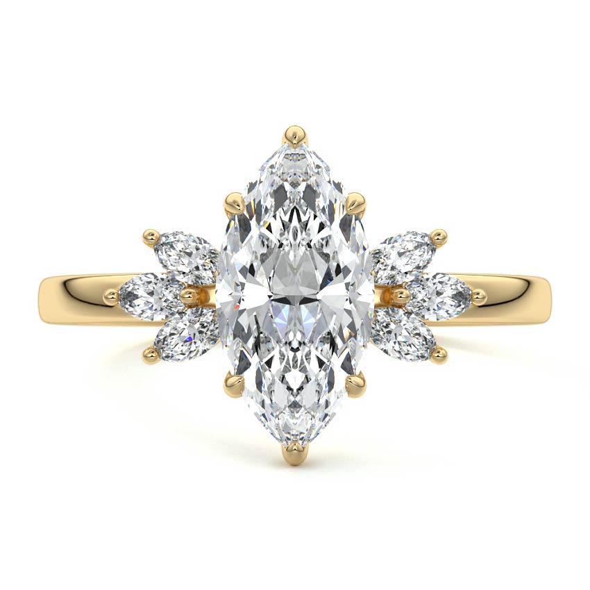 Yellow gold Marquise Diamond Side Stone Engagement Ring with Marquise Floral Accents