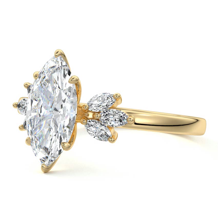 Yellow gold Marquise Diamond Side Stone Engagement Ring with Marquise Floral Accents