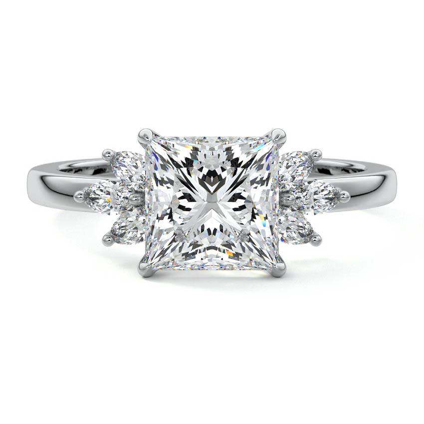 White gold Princess Diamond Side Stone Engagement Ring with Marquise Floral Accents