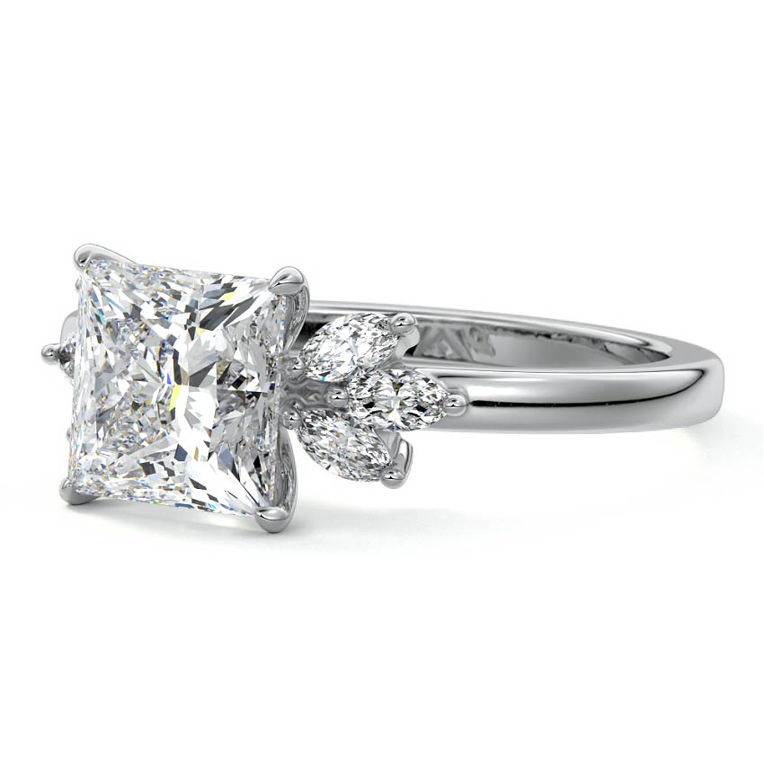 White gold Princess Diamond Side Stone Engagement Ring with Marquise Floral Accents