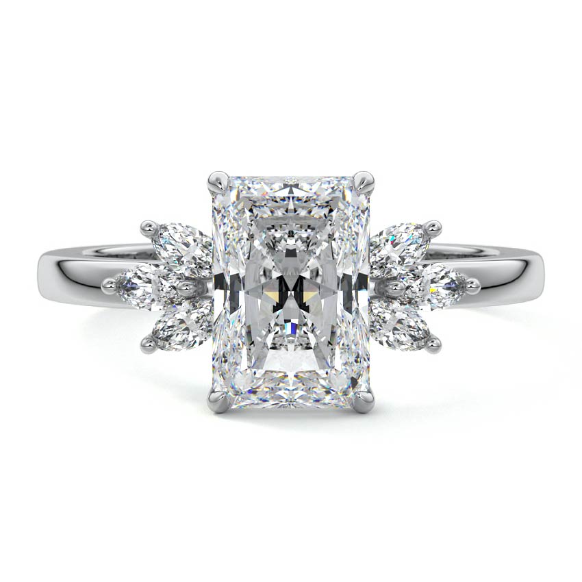 Platinum Radiant Diamond Side Stone Engagement Ring with Marquise Floral Accents