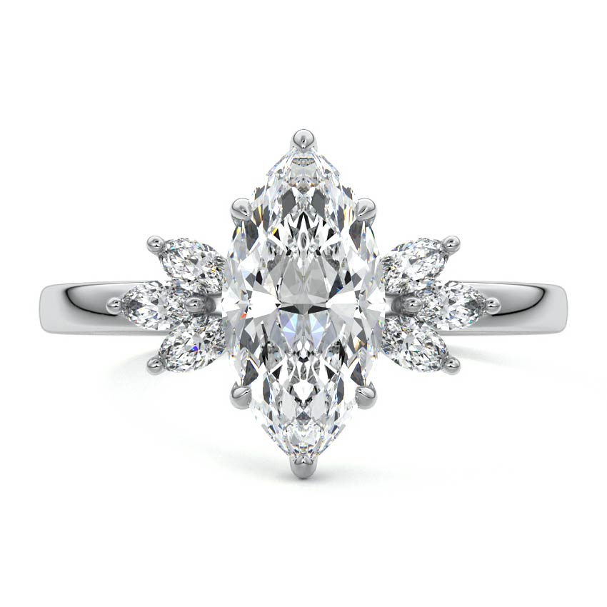 Platinum Marquise Diamond Side Stone Engagement Ring with Marquise Floral Accents