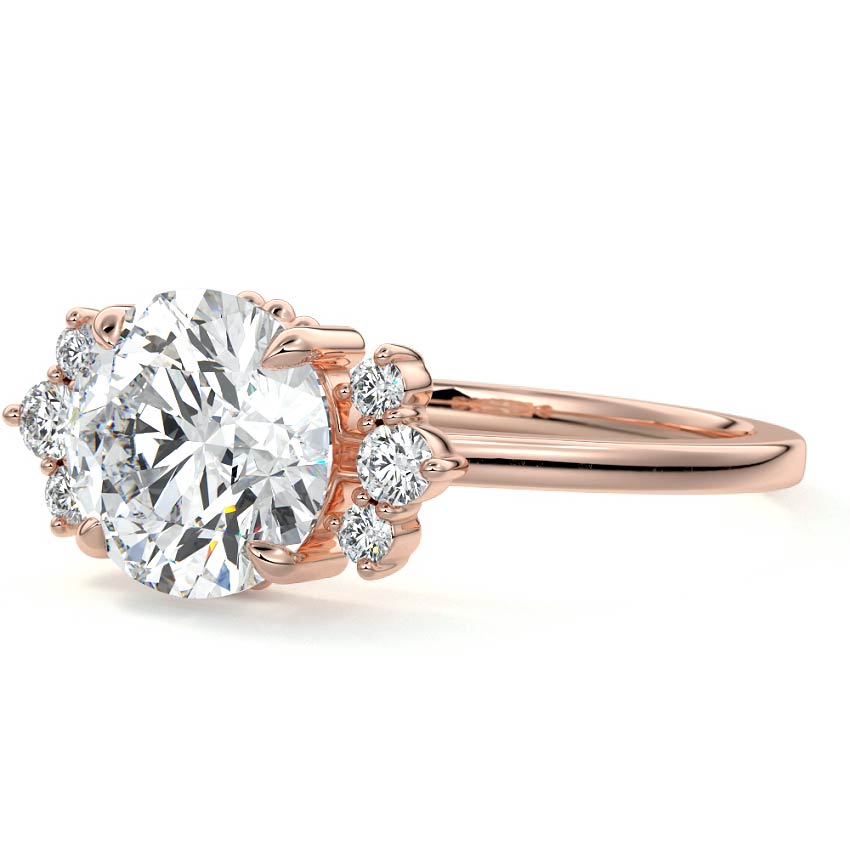 Rose gold Round Diamond Side Stone Engagement Ring with Floral Round Cluster Accents