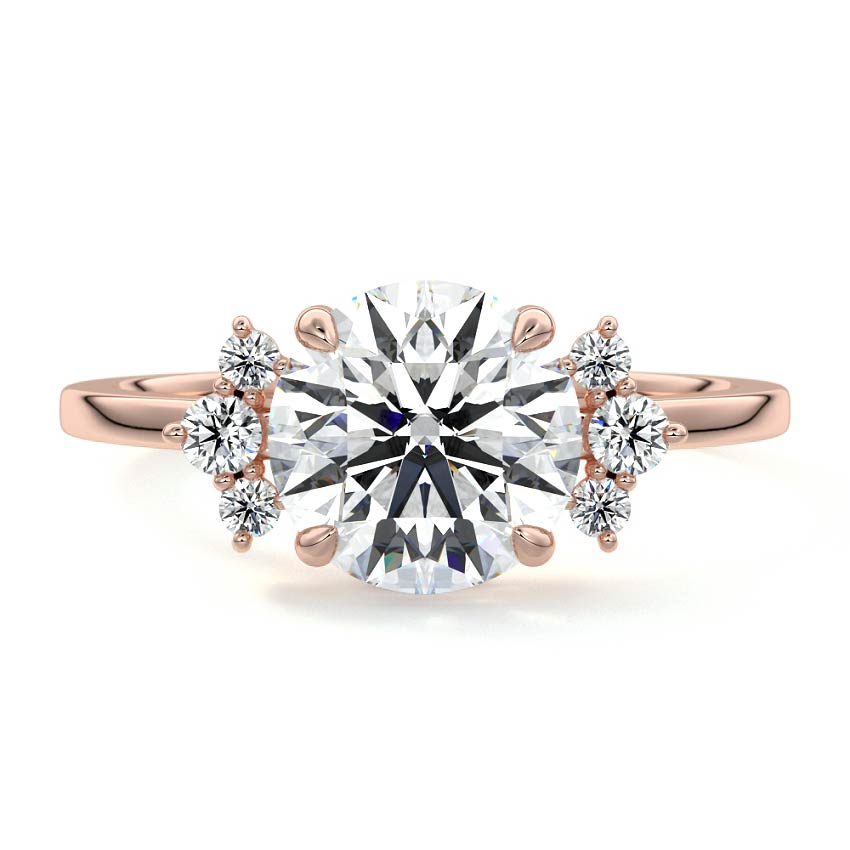 Rose gold Round Diamond Side Stone Engagement Ring with Floral Round Cluster Accents