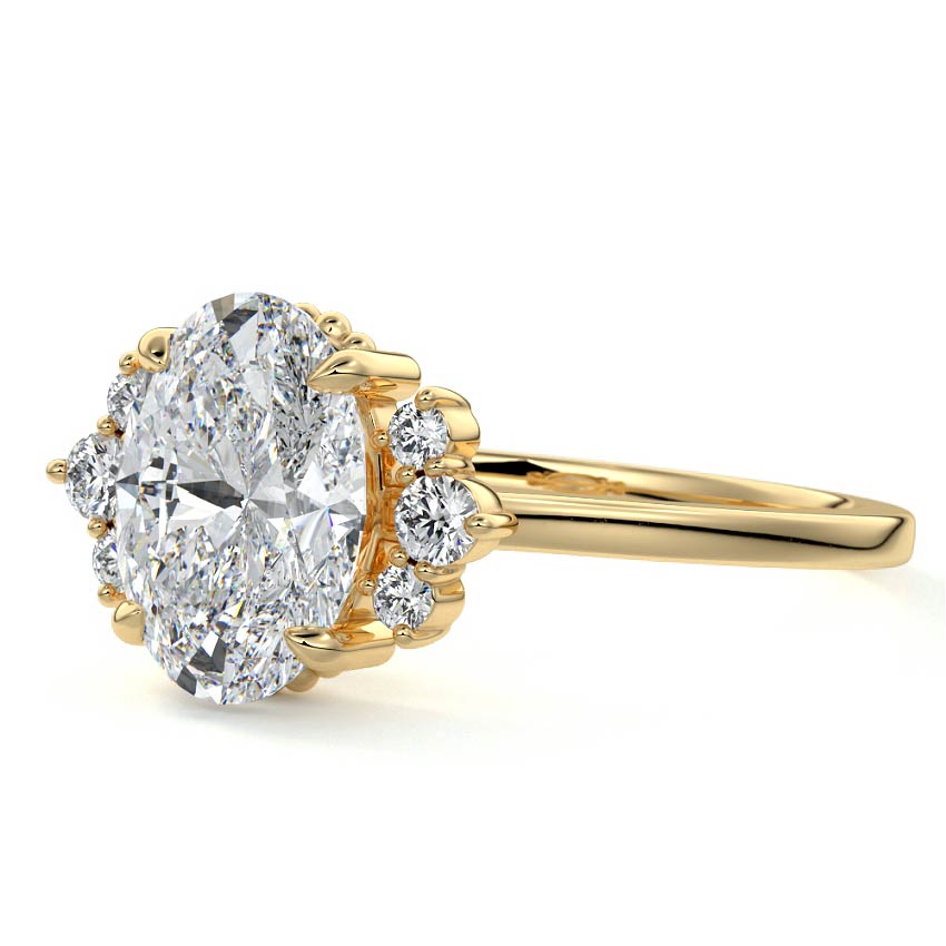 Yellow gold Oval Diamond Side Stone Engagement Ring with Floral Round Cluster Accents