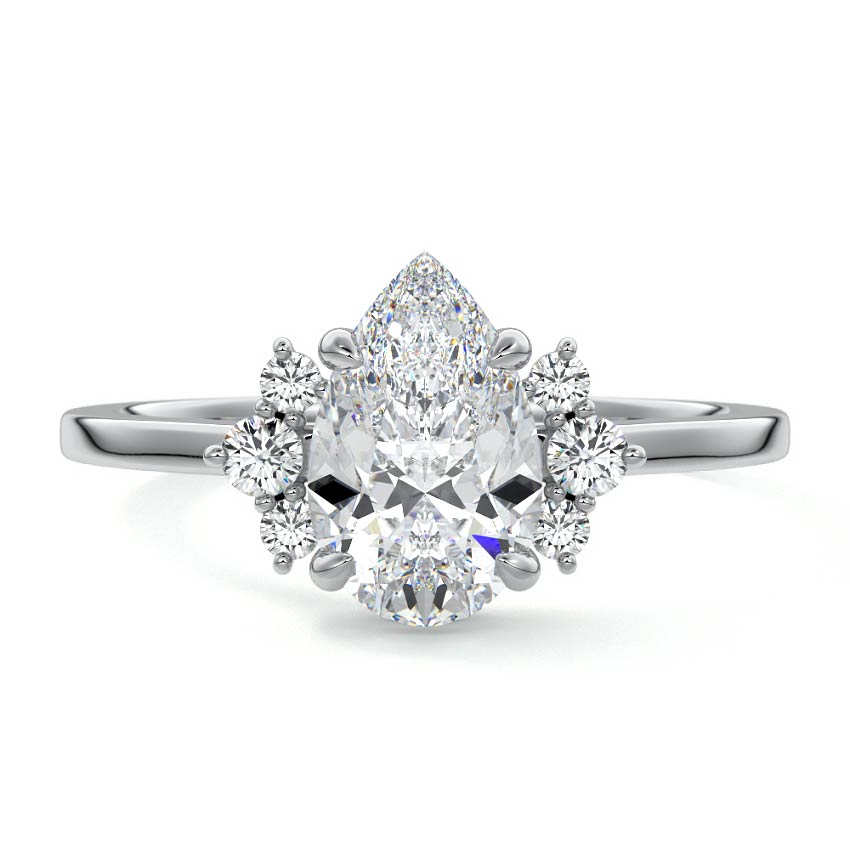 White gold Pear Diamond Side Stone Engagement Ring with Floral Round Cluster Accents