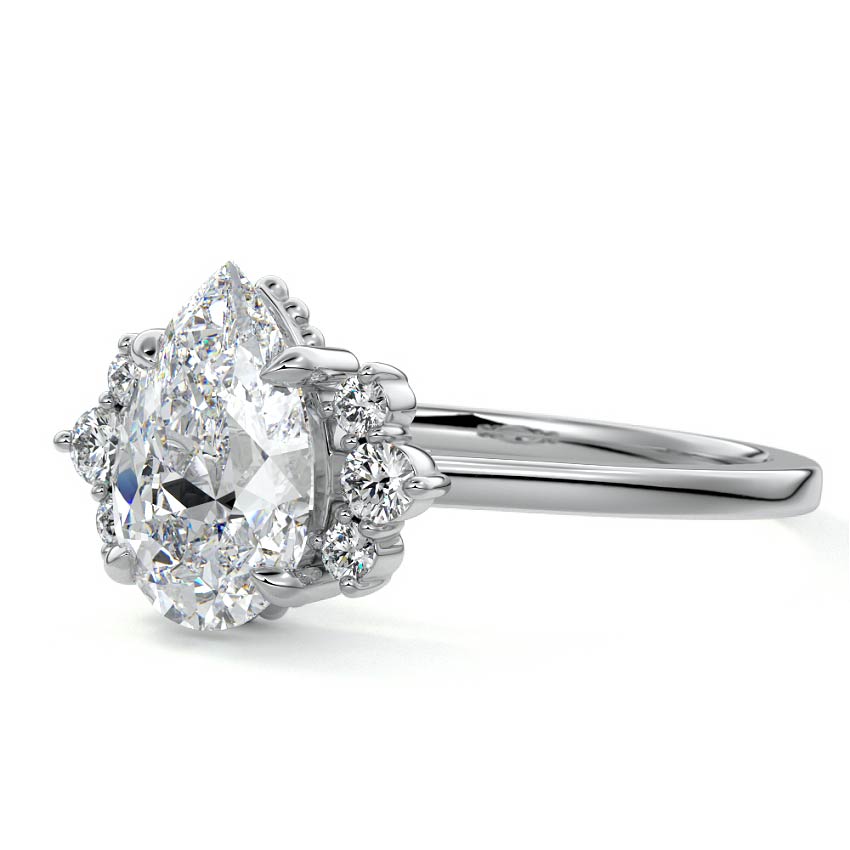White gold Pear Diamond Side Stone Engagement Ring with Floral Round Cluster Accents