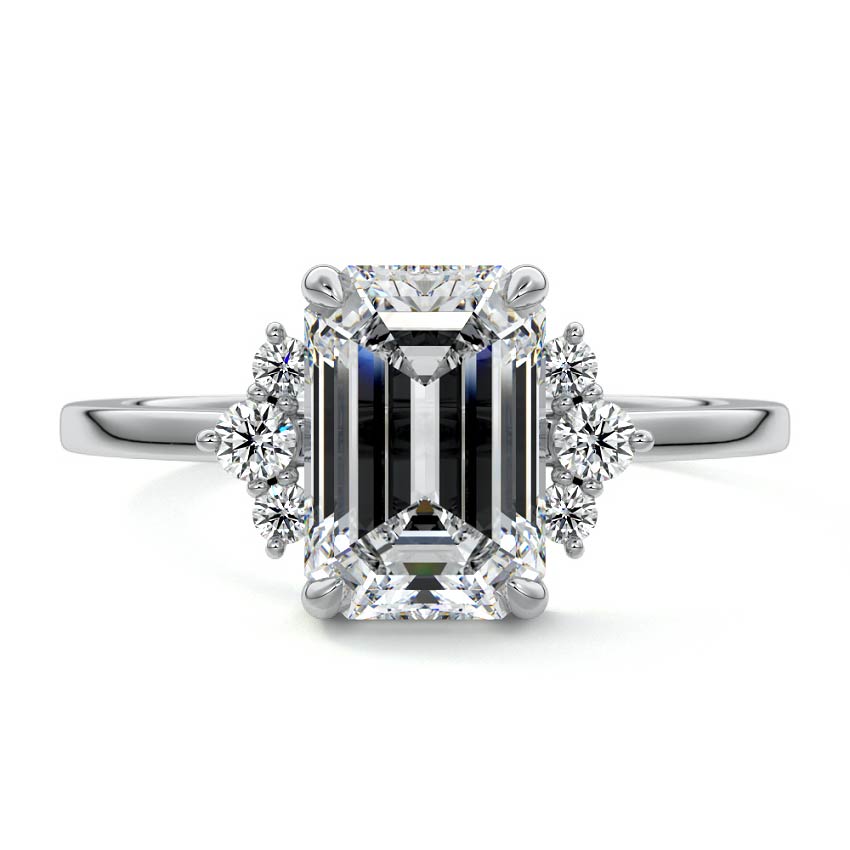 White gold Emerald Diamond Side Stone Engagement Ring with Floral Round Cluster Accents