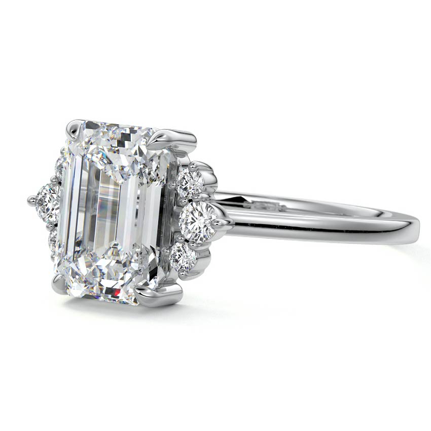 White gold Emerald Diamond Side Stone Engagement Ring with Floral Round Cluster Accents