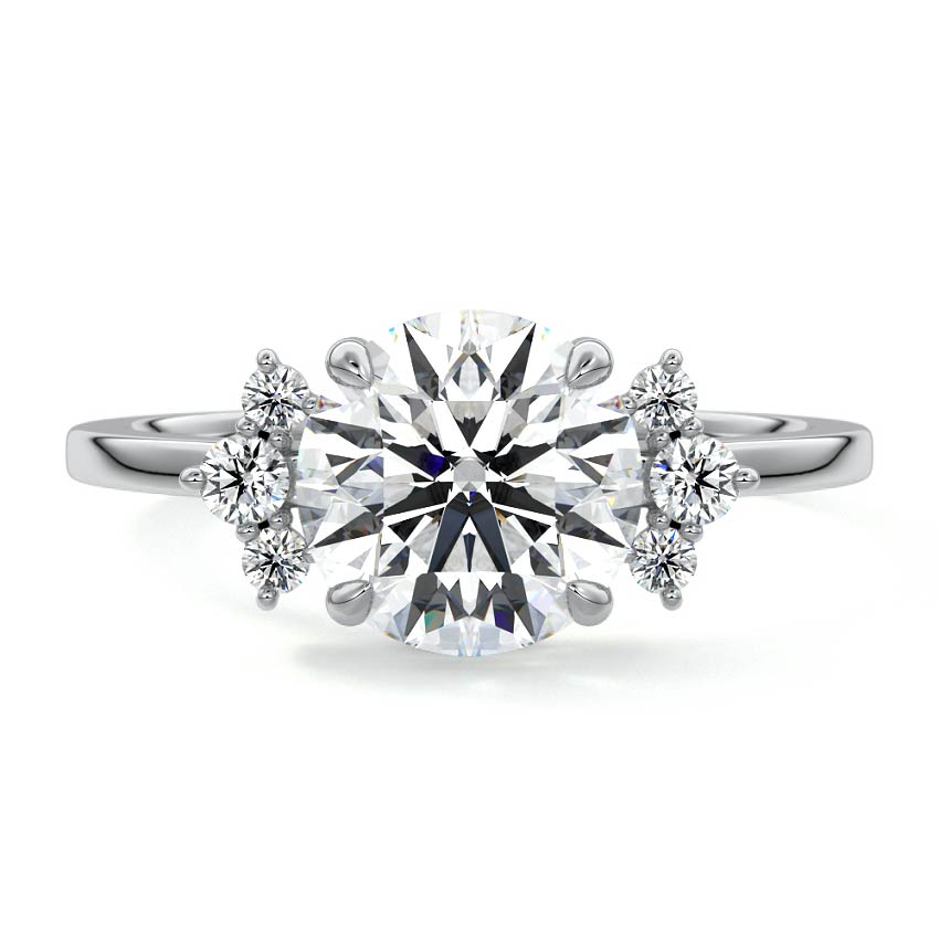 Silver Round Diamond Side Stone Engagement Ring with Floral Round Cluster Accents